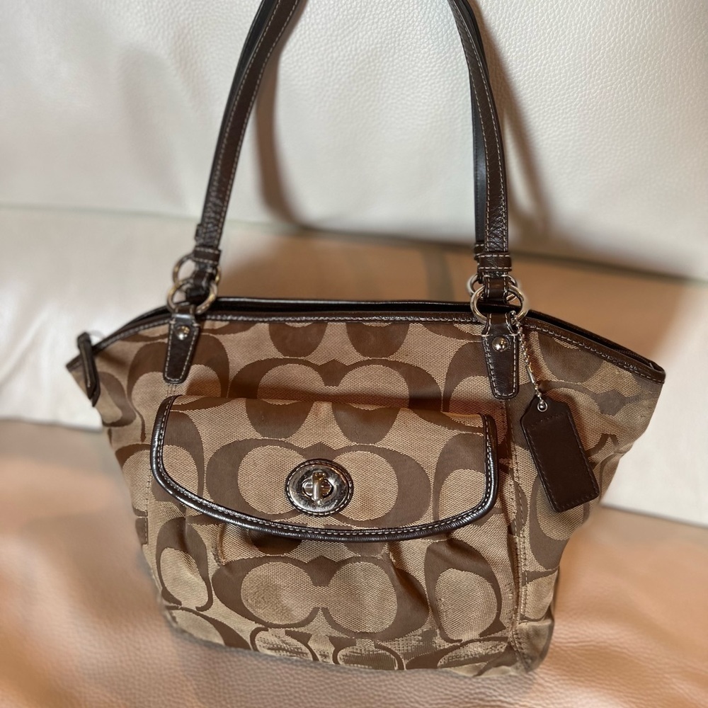 Coach F14659 Leah Signature Shoulder Tote Handbag Brown and Silver